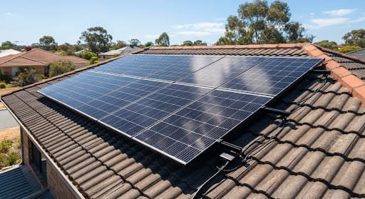 Close view of solar panels installed on a tiled residential roof.