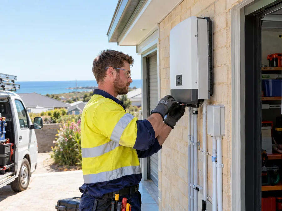 Licensed electrician installing a solar inverter in a Geraldton garage