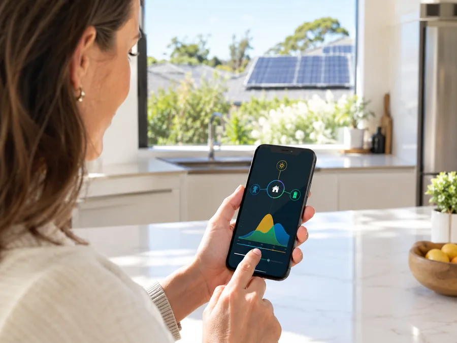 Homeowner checking a solar and battery monitoring app in a Perth kitchen
